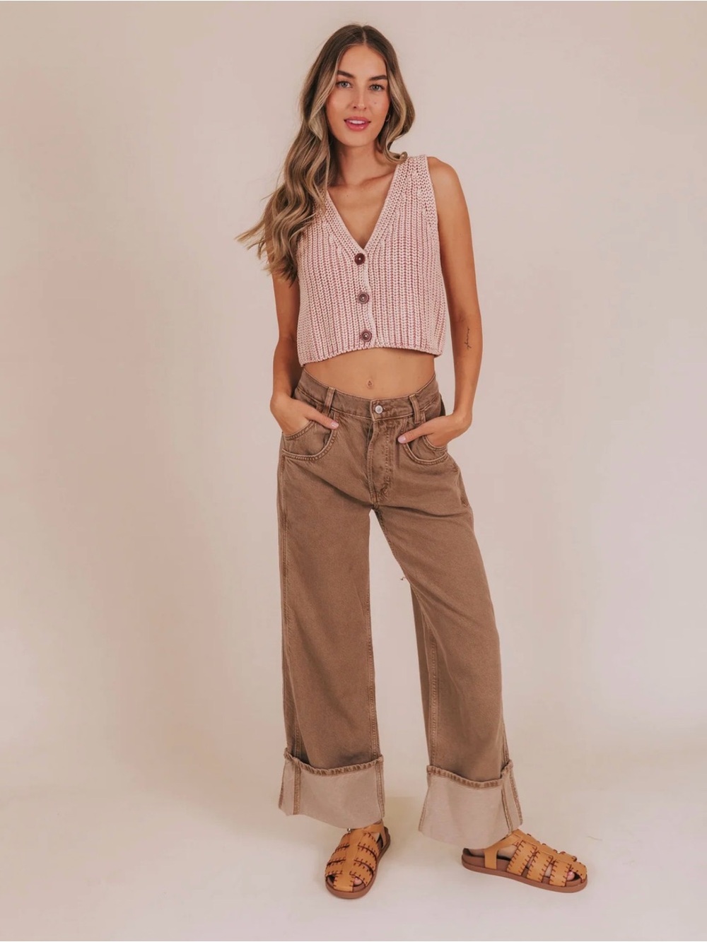 Free People Final Countdown Jeans Taupe Tumbleweed Wide Leg Cuffed 29 NWT (1435)